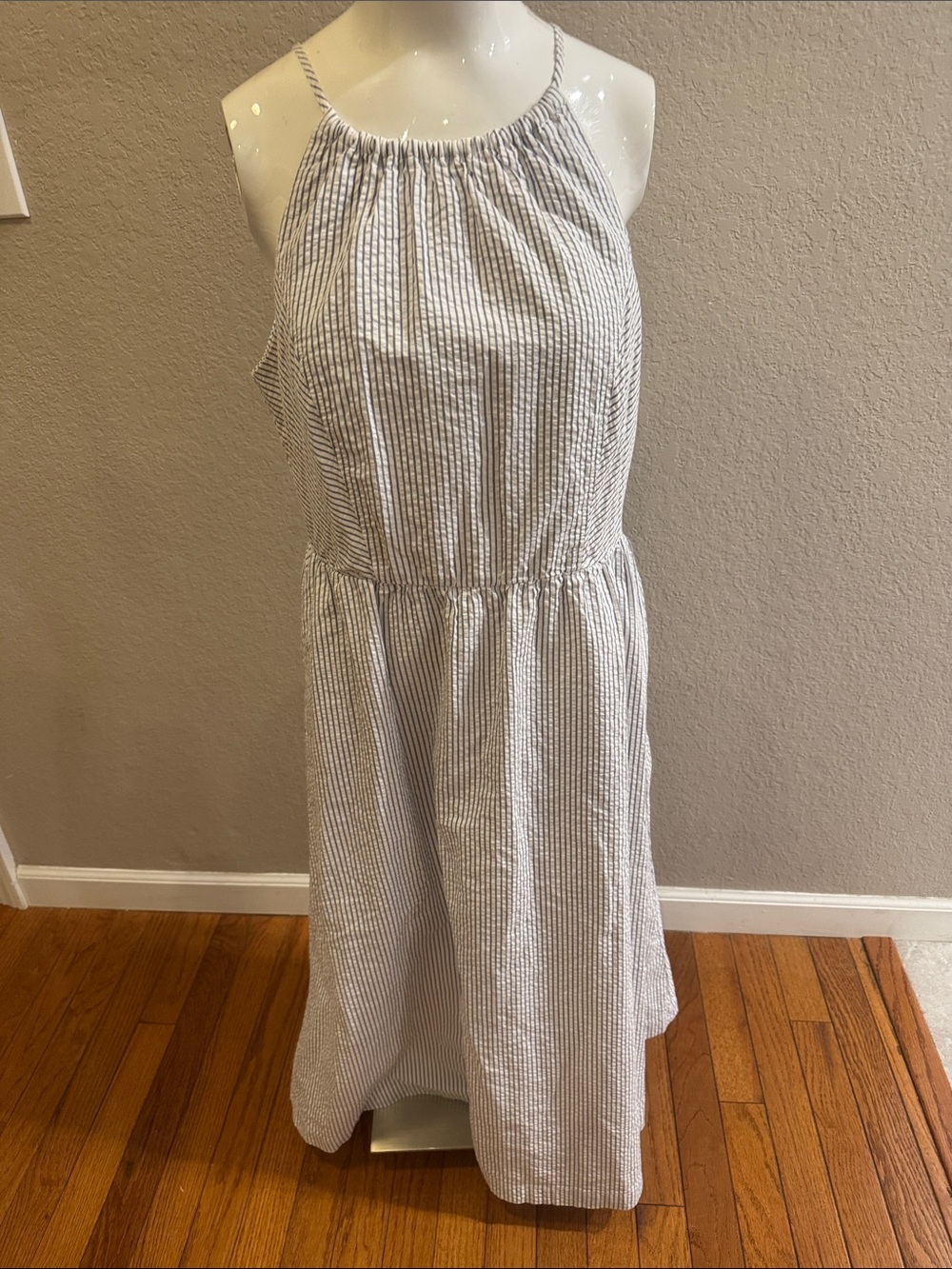 J. Crew White and Light Blue Striped Halter Dress